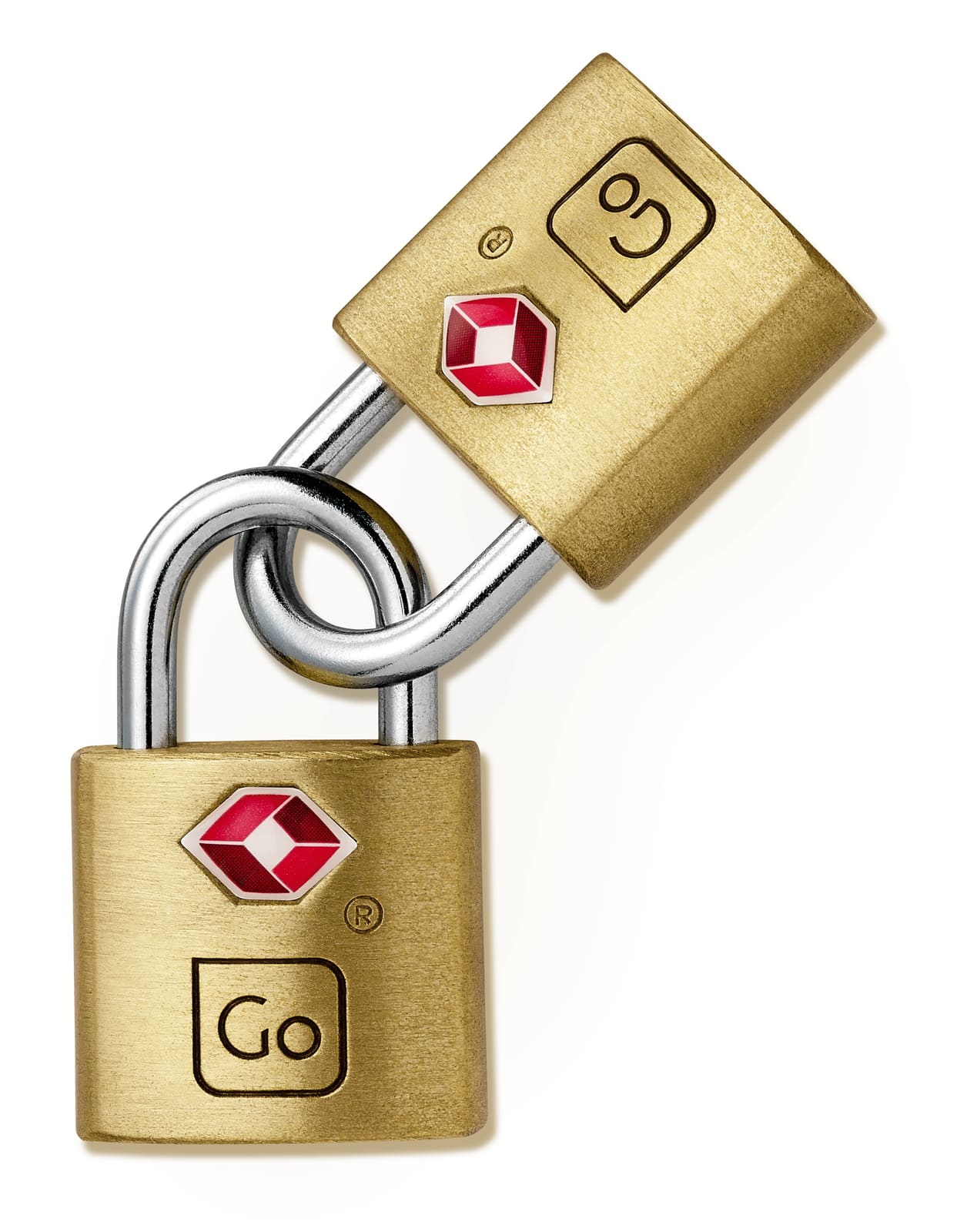 TSA brass key padlocks on a suitcase zip